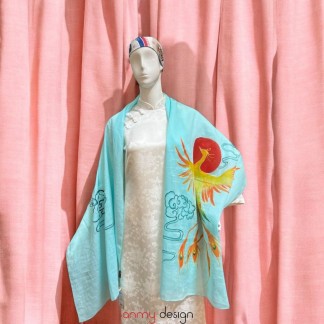 Mint ramie scarf hand-painted with phoenix 70*190cm